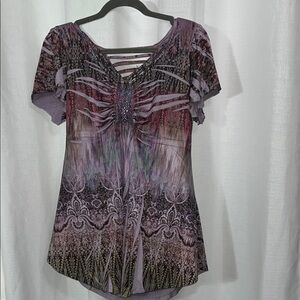 Emerald | silky purple multicolored bedazzled y2k blouse